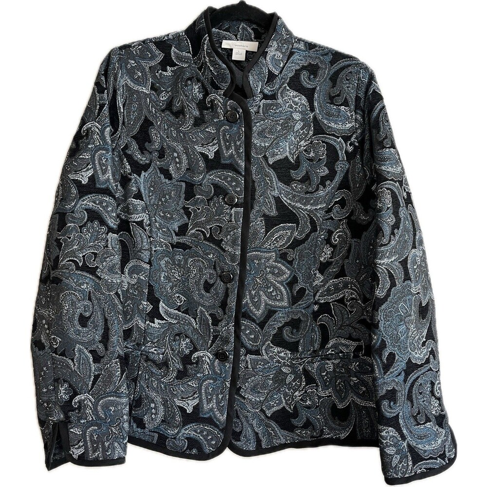 Dress Barn Jacket Blazer Womens Size L Button Front Textured Teal Paisley Print